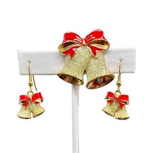Vintage Avon Gold Christmas Holiday Bells Brooch and Dangle Earrings Red Bows